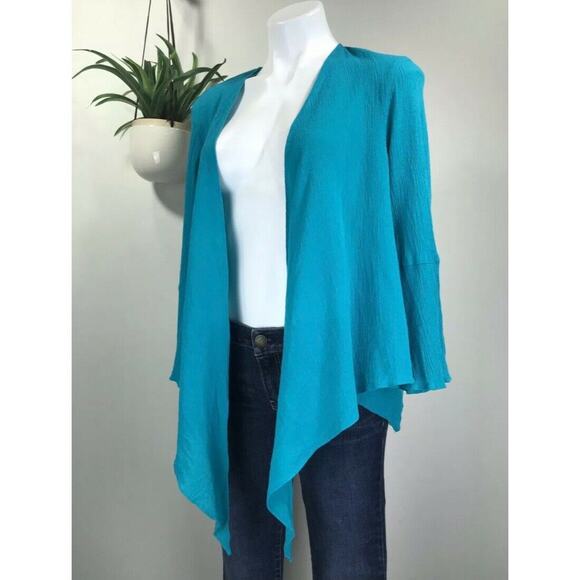 Tianello‎ Turquoise Yuriko Blouse Crinkle Open or Knot Front Cardigan Top Size S - Picture 2 of 10
